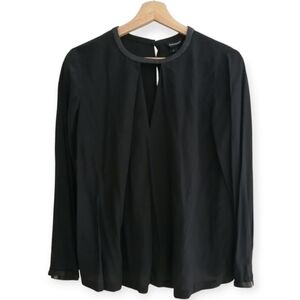 Club Monaco Silk Pleated Black Blouse With Lamb Leather Trim Keyhole Neck XS
